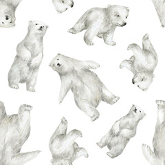 Watercolor seamless pattern with cute polar bear. White arctic animal. Wildlife background. Wild forest bears, northern scandinavian design for baby textile, wrapping, covers, decoration. © Kate K.