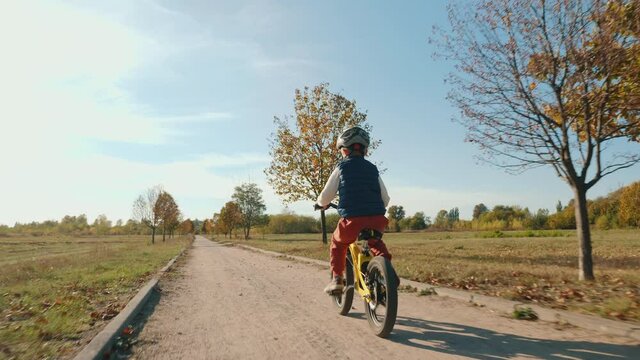 Following shot: little boy (5 years old) wearing a helmet rides a bicycle in the park on a sunny autumn day, back view