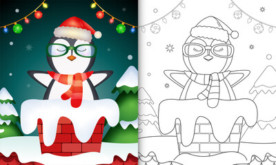 coloring for kids with a cute penguin using santa hat and scarf in chimney