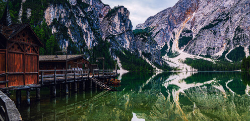 Breathtaking view of Braies Lake. Colorful summer landscape in Italian Alps. Fanes Chenes National Park. Dolomites of South Tyrol, Italy, Europe. Beauty of nature concept background. Toned image.