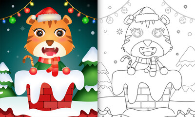coloring for kids with a cute tiger using santa hat and scarf in chimney