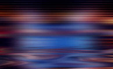 Abstract dark futuristic background. Ultraviolet multicolored beams of neon light reflect off the water. Background of empty stage show, beach party. 3d illustration