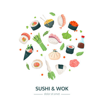 Sushi and wok - colorful flat design style banner