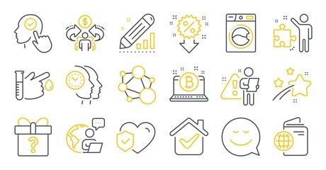 Set of Business icons, such as Secret gift, Select user, Life insurance symbols. Sharing economy, Integrity, Travel passport signs. Washing machine, Discount, Bitcoin. Blood donation. Vector