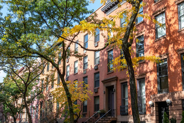 Tree lined street with colorful fall trees and historic buildings in the Chelsea neighborhood of Manhattan in New York City
