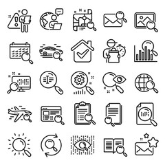 Search line icons. Photo indexation, Artificial intelligence, Car rental icons. Airplane flights, Web search engine, Analytics. Find photo, checklist document, artificial intelligence eye. Vector