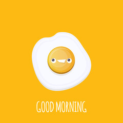 vector funny cartoon fried egg character isolated on orange background. funky smiling morning food fried egg. Good morning concept