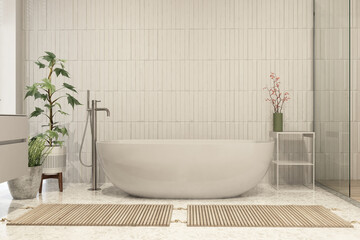 Fototapeta na wymiar Modern bathroom interior with wooden decor in eco style 