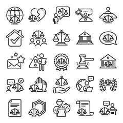 Court line icons. Scales of Justice, Lawyer and Judge. Hammer, Law and Petition document set icons. Judgment, justice, court injunction. Gavel judge hammer, rulings, presiding officer. Vector