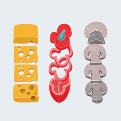 Vector illustration of Sliced food set. Chees, paprica, mushroom on white backroud.