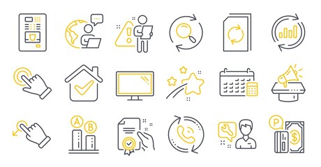 Set of Technology icons, such as Certificate, Call center, Drag drop symbols. Touchscreen gesture, Update data, Ab testing signs. Monitor, Megaphone, Search. Update document, Calendar. Vector