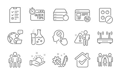 Group, Partnership and 5g internet line icons set. Interview, Recovery server and Wifi signs. Select user, Engineering and Medical tablet symbols. Line icons set. Vector