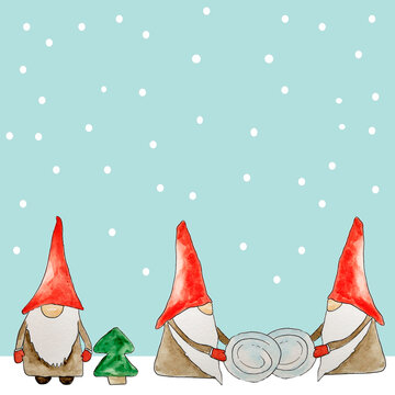 Winter background Christmas tree gnomes sculpt snow. Ideal for invitations, cards, cover templates, covers. Watercolor.