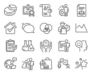 Education icons set. Included icon as Report, Chemistry lab, Employee signs. Talk bubble, Euler diagram, Pie chart symbols. Good mood, Safe time, Job interview. Certificate, Line chart. Vector
