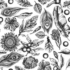 Seamless pattern with black and white banana palm leaves, hibiscus, solanum, bromeliad, peacock feathers, protea