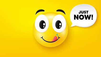 Just now symbol. Yummy smile face with speech bubble. Special offer sign. Sale. Yummy smile character. Just now speech bubble icon. Yellow face background. Vector