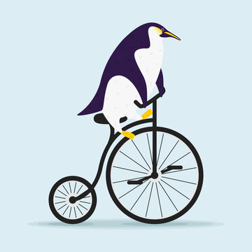 Cute cartoon penguin riding a bicycle in flat style. Print t shirt design 