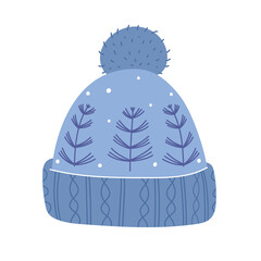 Warm and cozy, blue winter hat with a pompom and a Scandinavian pattern.Warm knitted clothing for the cold season.