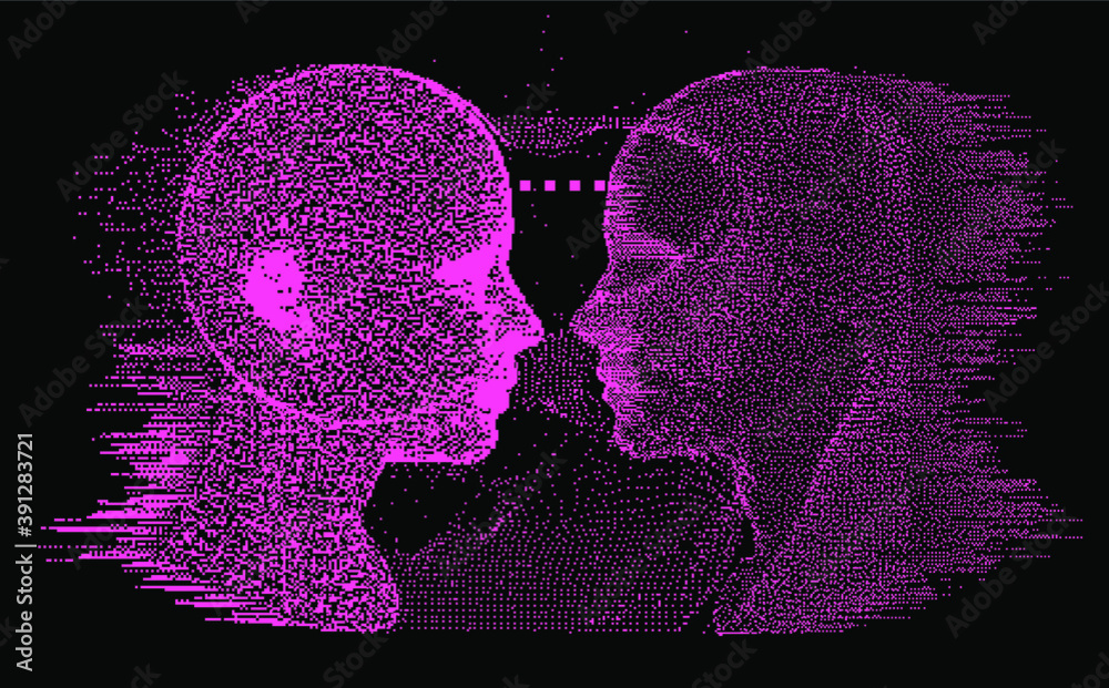 Poster Silhouette of a human head made of dots and particles. Concept of Artificial intelligence and Neural Network.