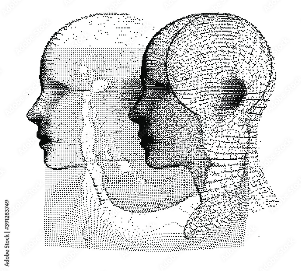 Poster silhouette of a human head made of dots and particles. concept of artificial intelligence and neural