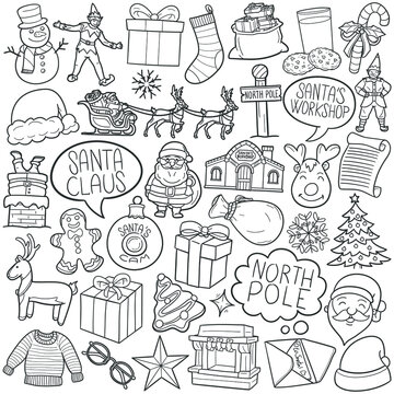 Santa Claus doodle icon set. Christmas Holidays Vector illustration collection. North Pole Banner Hand drawn Line art style.