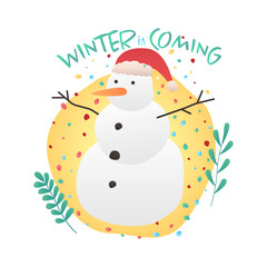 cute christmas sign and symbol with flat cute snowman. christmas festive texture greetings card background. winter holiday background.