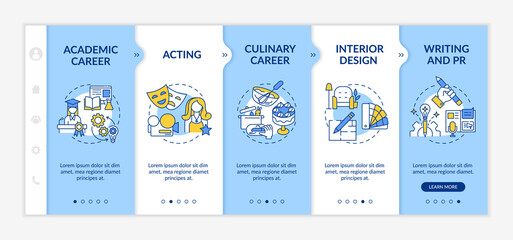 Top careers for creative thinkers onboarding vector template. Culinary career. Interior design creation. Responsive mobile website with icons. Webpage walkthrough step screens. RGB color concept