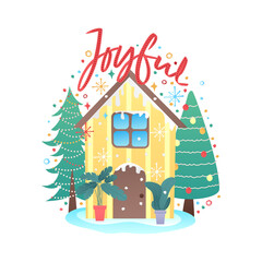 cute christmas sign and symbol with flat cute vintage house. christmas festive texture greetings card background. winter holiday background.