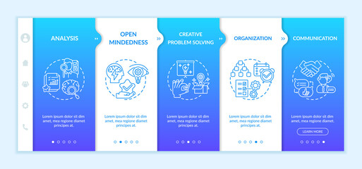 Creative thinking types onboarding vector template. Communication with others. Creative problem solving. Responsive mobile website with icons. Webpage walkthrough step screens. RGB color concept