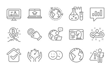 Online video, Outsourcing and Bitcoin project line icons set. Chemistry lab, Touchscreen gesture and Like signs. Analytical chat, Timer and Website education symbols. Line icons set. Vector