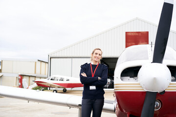 Young female pilot posing smiling next to her plane.