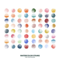 Set of colorful watercolor hand painted round shapes, stains, circles, blobs isolated on white. Illustration for artistic design