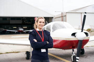 Young female pilot posing smiling in front of her plane.