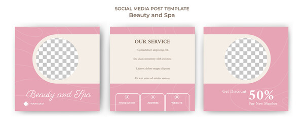 Editable square banner template. Social media post template spa and massage . Pink and cream color with photo collage. Usable for social media feed spa and massage services.