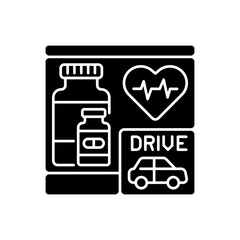 Drive through pharmacy black glyph icon. Express drugstore. Medication store with transport lane. Car near medical shop. Silhouette symbol on white space. Vector isolated illustration
