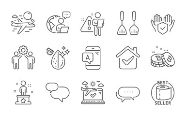 Insurance hand, Success and Ab testing line icons set. Toilet paper, Search flight and Employees teamwork signs. Cooking cutlery, Dots message and Bitcoin symbols. Line icons set. Vector