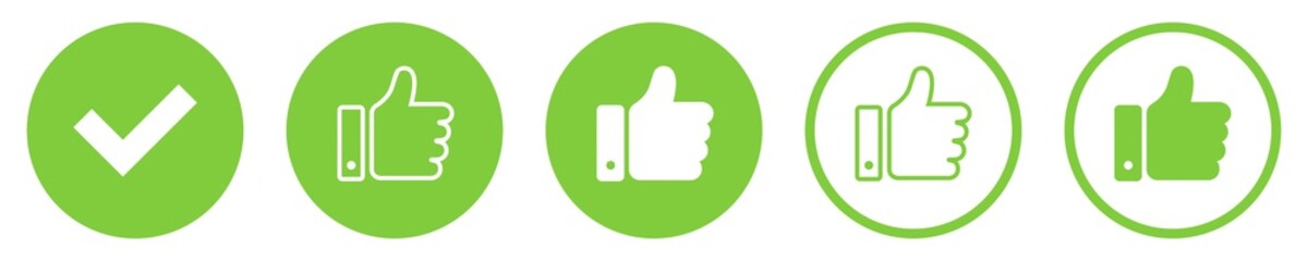 Fototapeta premium Recommended thumbs up. Isolated collection of like symbols in bold and outline style. Green check mark tick on white background. Recommend symbol in circle. Vector EPS 10.