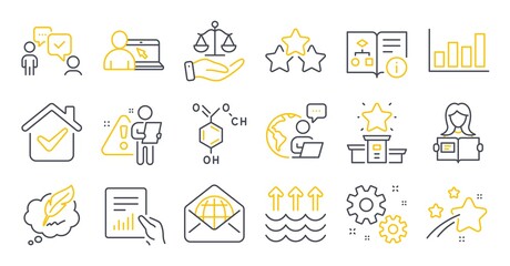 Set of Education icons, such as Consulting business, Winner podium, Woman read symbols. Justice scales, Evaporation, Work signs. Report diagram, Web mail, Chemical formula. Copyright chat. Vector