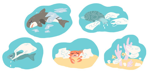 Fish, turtle, crab underwater trapped in a plastic bags litter. Cartoon style icon set.