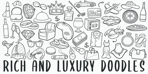 Luxury doodle icon set. Rich Life Style Vector illustration collection. Banner Hand drawn Line art style.