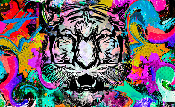 Tiger's head illustration on white background with colorful creative elements © reznik_val