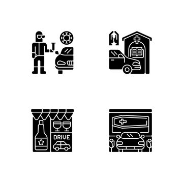 Drive Thru Services Black Glyph Icons Set On White Space. Covid Test On Quarantine. Prayer Booth. Drive Through Liquor Store. Funeral Home. Silhouette Symbols. Vector Isolated Illustration