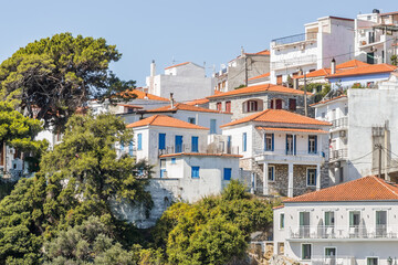 Fototapeta na wymiar Evia island, Greece - June 28. 2020: Panorama of the tourist island of Skiathos in Greece 