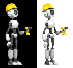 A humanoid robot builder in a construction helmet and a drill in his hand.  Isolated on black and white background.Future concept with robotics and artificial intelligence. 3D rendering.