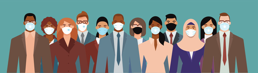 Crowd of diverse business people wearing face mask to protect themselves from the epidemic. Flat design vector illustration.