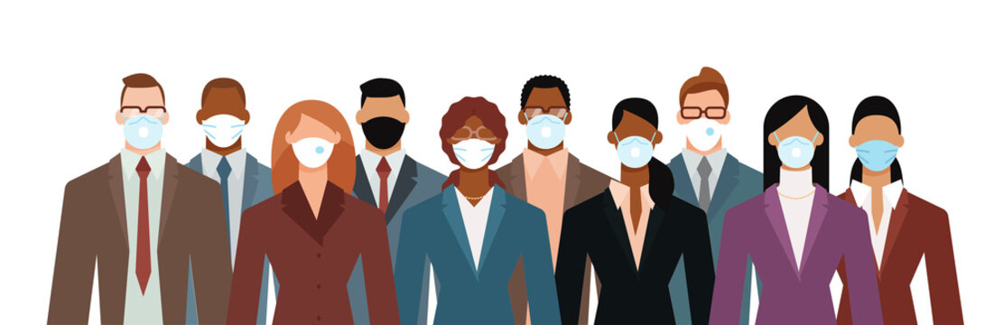Crowd of diverse business people wearing face mask to protect themselves from the epidemic. Flat design vector illustration.
