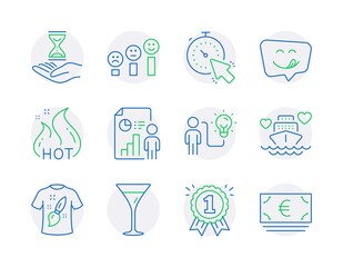 Business icons set. Included icon as Martini glass, Business idea, Business report signs. T-shirt design, Reward, Timer symbols. Honeymoon cruise, Hot sale, Customer satisfaction. Vector