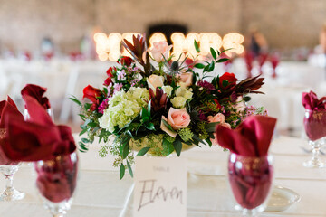 Beautiful Wedding Centerpiece for a Winter Holiday wedding, red napkins in wine glasses