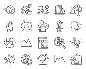 Business icons set. Included icon as Smile chat, Coffee maker, Diagram signs. Brand ambassador, Line chart, Face id symbols. Dog paw, Eco energy, Winner podium. Timer, Buildings, Globe. Vector