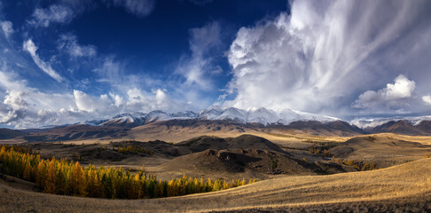 Chuya range in autumn, kurai steppe, and the river Chuya, Russia, Altai Republic in September